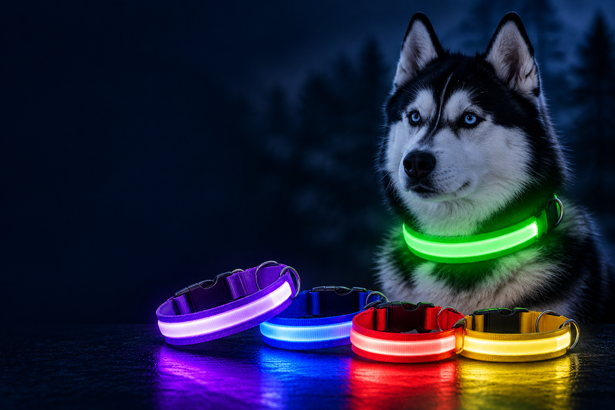 Banner con husky y collares LED luminosos